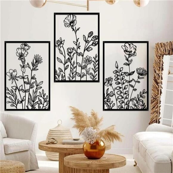 Black Metal Flower Wall Art Set Abstract Minimalist Decor for Bedroom Living - Picture 7 of 8